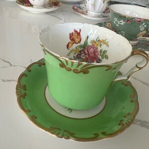 Floral Green Teacup and Saucer Set